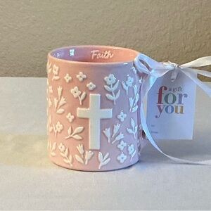 Faith Pink Ceramic Embossed Cross & Hearts Accent Mug.  New